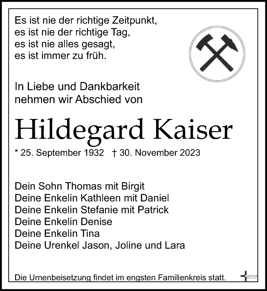 Traueranzeige für Hildegard Kaiser vom 06.01.2024 aus Leipziger Volkszeitung