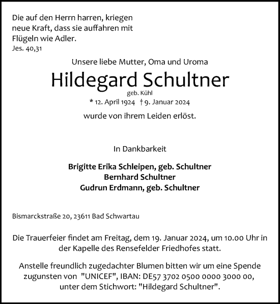 Traueranzeige von Hildegard Schultner von Lübecker Nachrichten