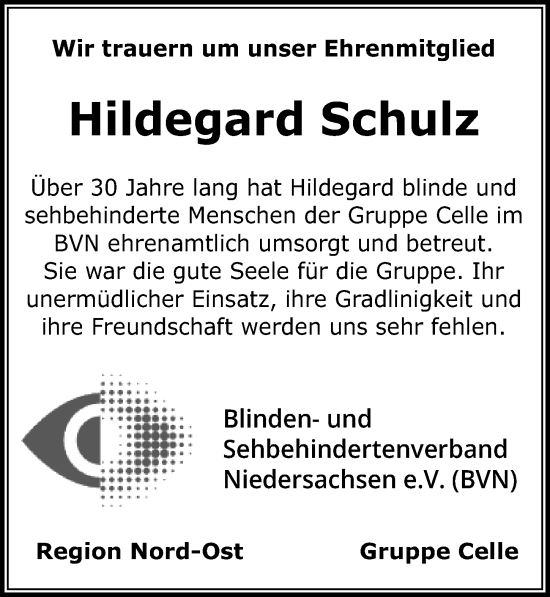 Traueranzeige von Hildegard Schulz von Hannoversche Allgemeine Zeitung/Neue Presse