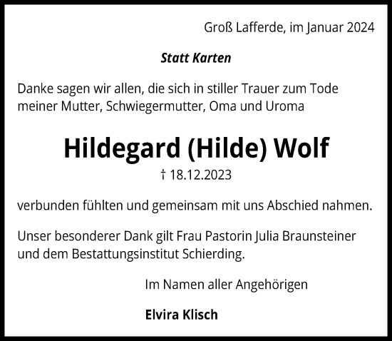 Traueranzeige von Hildegard Wolf von Peiner Allgemeine Zeitung