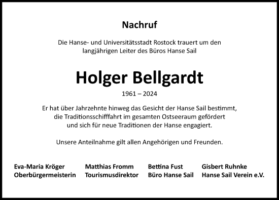 Traueranzeige von Holger Bellgardt von Ostsee-Zeitung GmbH