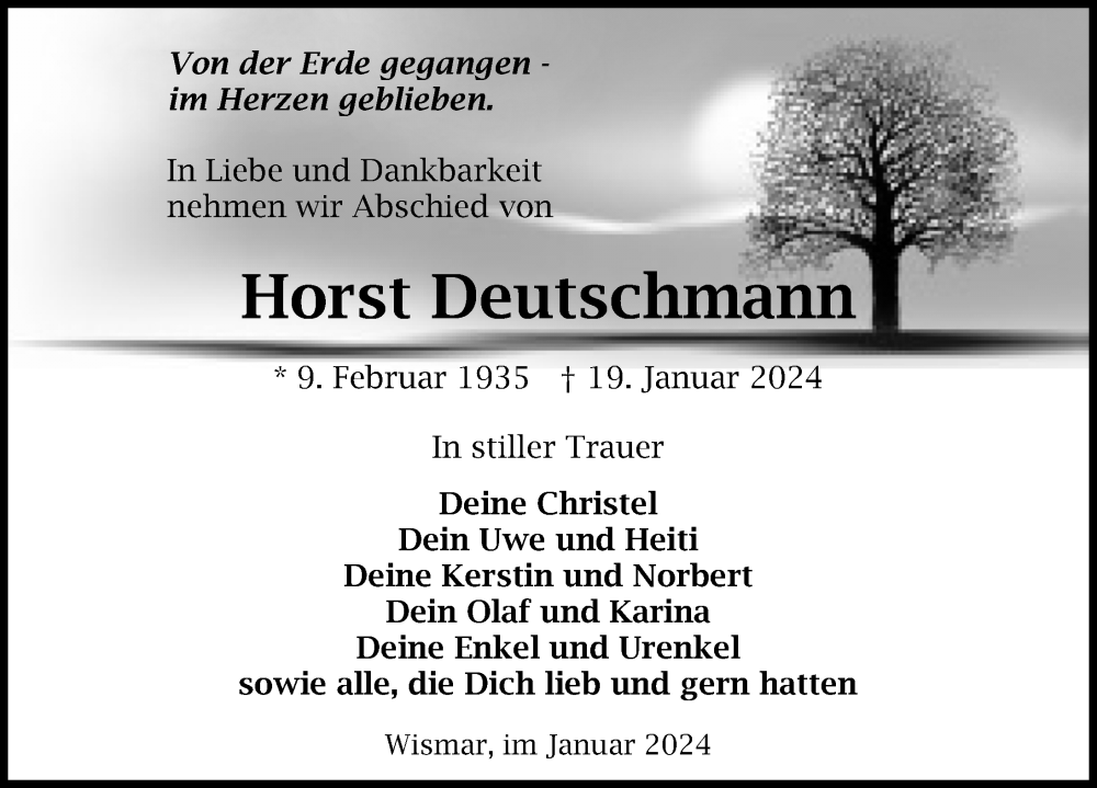  Traueranzeige für Horst Deutschmann vom 27.01.2024 aus Ostsee-Zeitung GmbH