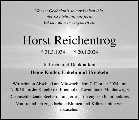 Traueranzeige von Horst Reichentrog von Lübecker Nachrichten