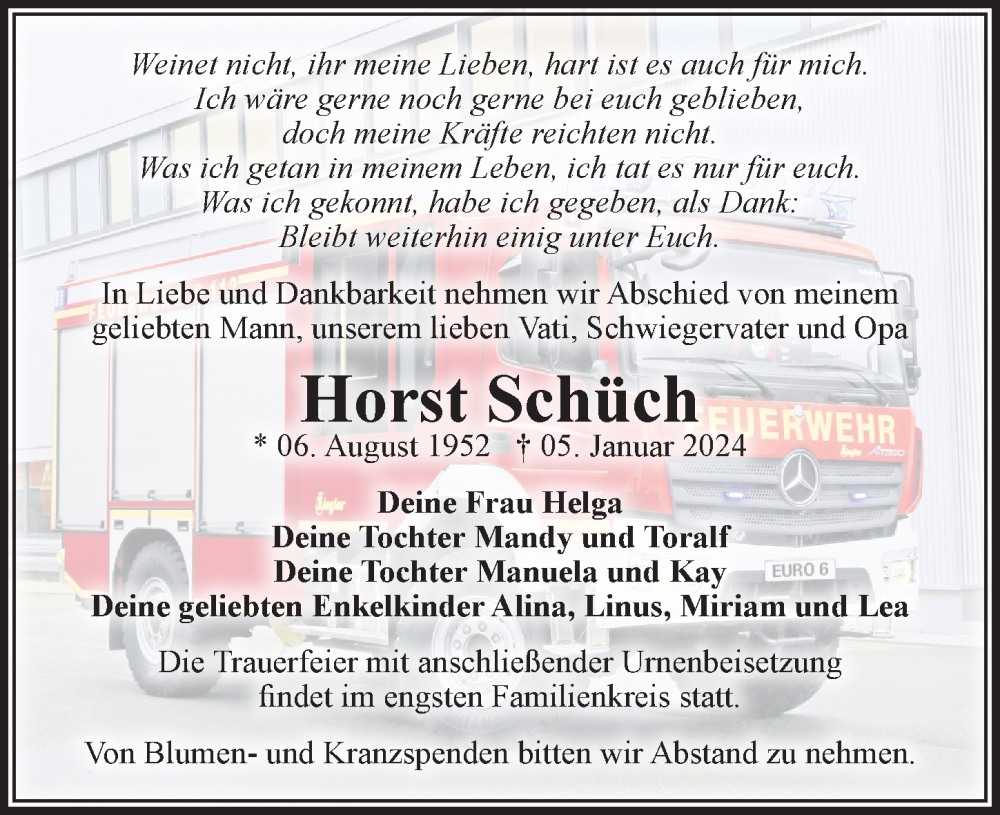  Traueranzeige für Horst Schüch vom 20.01.2024 aus Leipziger Volkszeitung