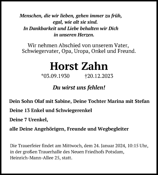 Traueranzeige von Horst Zahn von Märkischen Allgemeine Zeitung