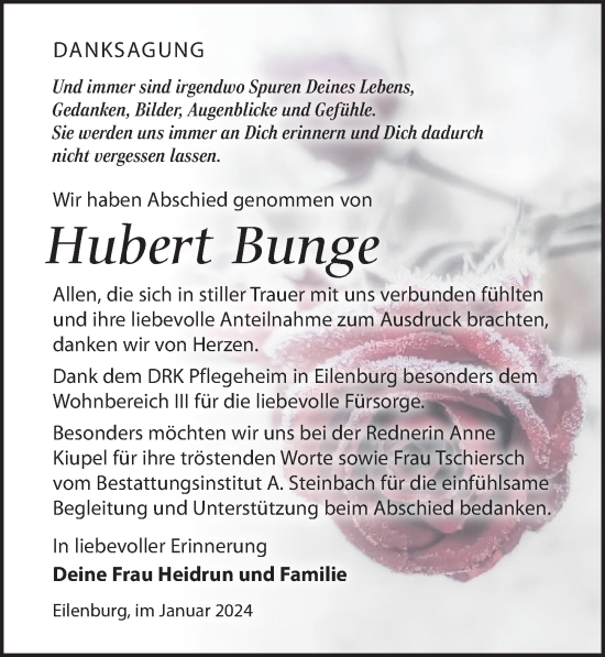 Traueranzeige von Hubert Bunge von Leipziger Volkszeitung