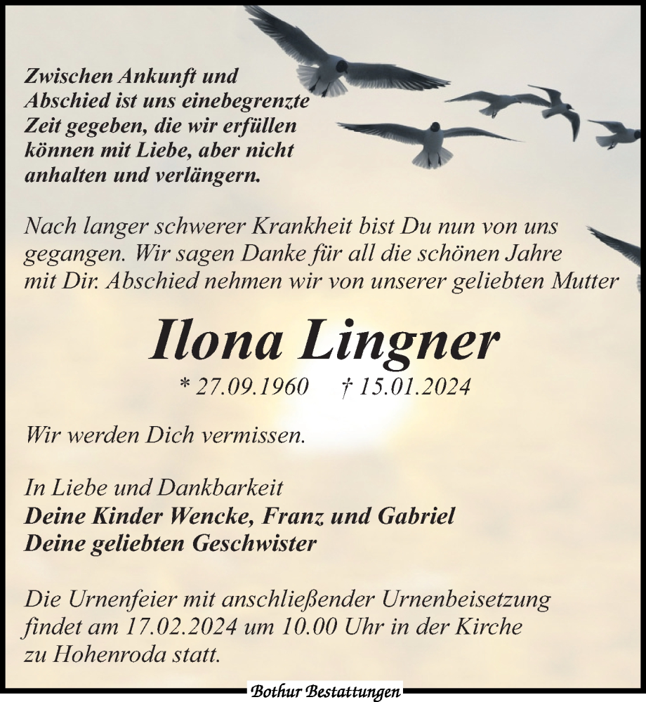  Traueranzeige für Ilona Lingner vom 27.01.2024 aus Leipziger Volkszeitung