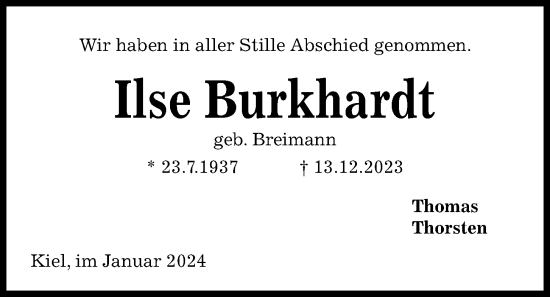 Traueranzeige von Ilse Burkhardt von Kieler Nachrichten