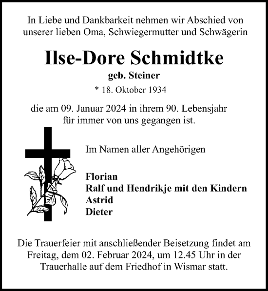 Traueranzeige von Ilse-Dore Schmidtke von Ostsee-Zeitung GmbH