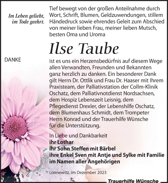 Traueranzeige von Ilse Taube von Leipziger Volkszeitung
