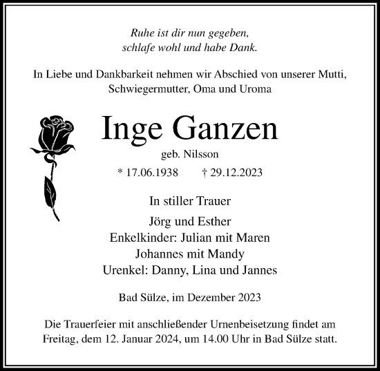 Traueranzeige von Inge Ganzen von Ostsee-Zeitung GmbH