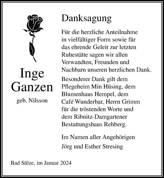 Traueranzeige von Inge Ganzen von Ostsee-Zeitung GmbH