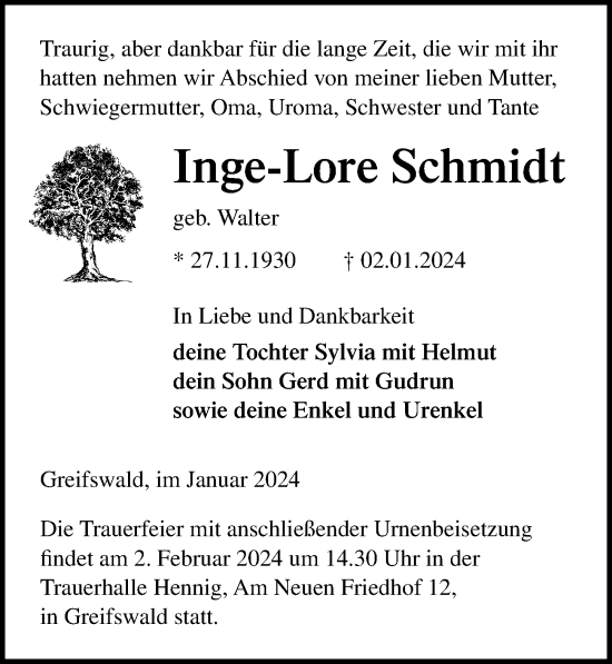 Traueranzeige von Inge-Lore Schmidt von Ostsee-Zeitung GmbH