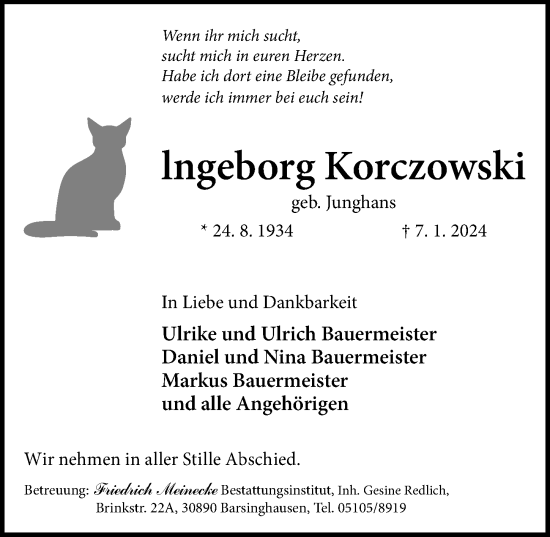 Traueranzeige von Ingeborg Korczowski von Hannoversche Allgemeine Zeitung/Neue Presse