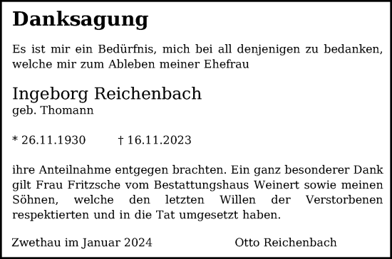 Traueranzeige von Ingeborg Reichenbach von Torgauer Zeitung