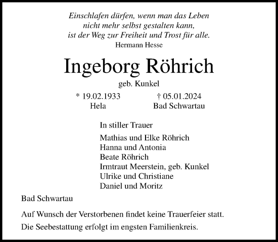 Traueranzeige von Ingeborg Röhrich von Lübecker Nachrichten