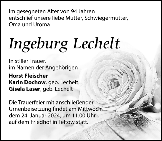 Traueranzeige von Ingeburg Lechelt von Märkischen Allgemeine Zeitung