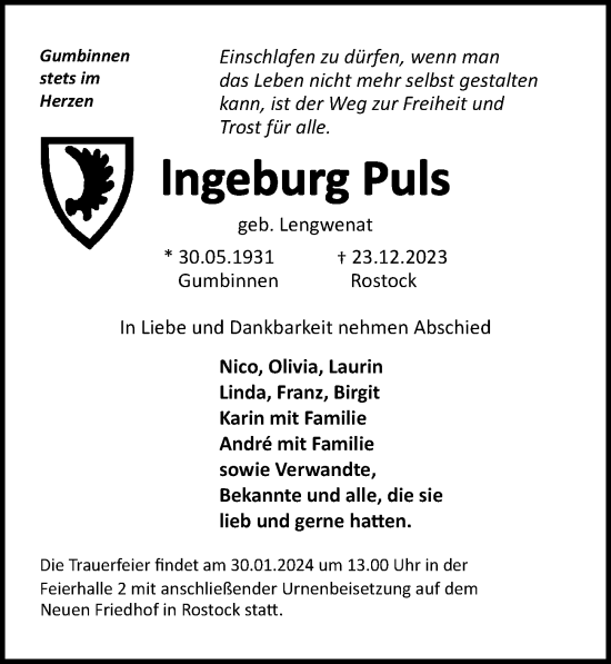 Traueranzeige von Ingeburg Puls von Ostsee-Zeitung GmbH