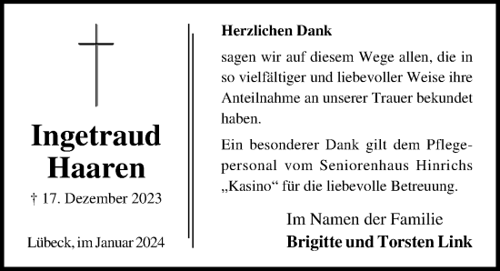 Traueranzeige von Ingetraud Haaren von Lübecker Nachrichten