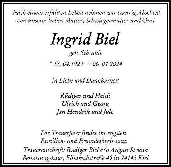 Traueranzeige von Ingrid Biel von Kieler Nachrichten