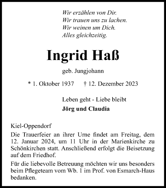 Traueranzeige von Ingrid Haß von Kieler Nachrichten