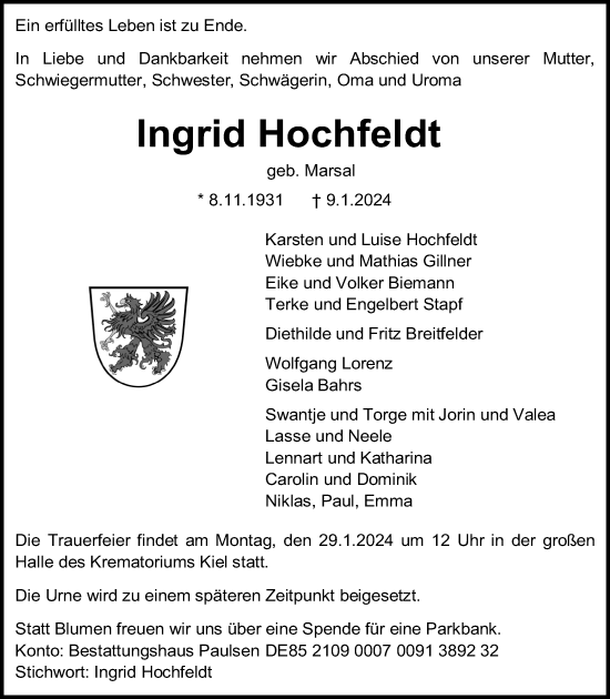 Traueranzeige von Ingrid Hochfeldt von Kieler Nachrichten