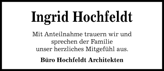 Traueranzeige von Ingrid Hochfeldt von Kieler Nachrichten