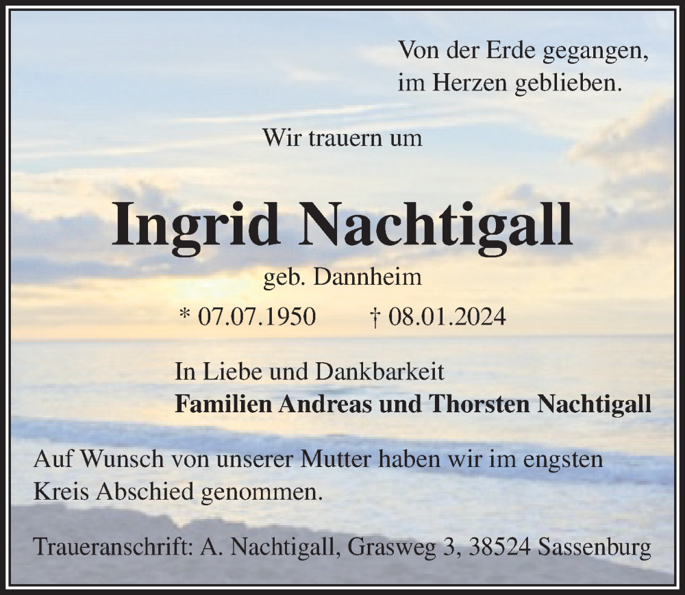  Traueranzeige für Ingrid Nachtigall vom 27.01.2024 aus Aller Zeitung
