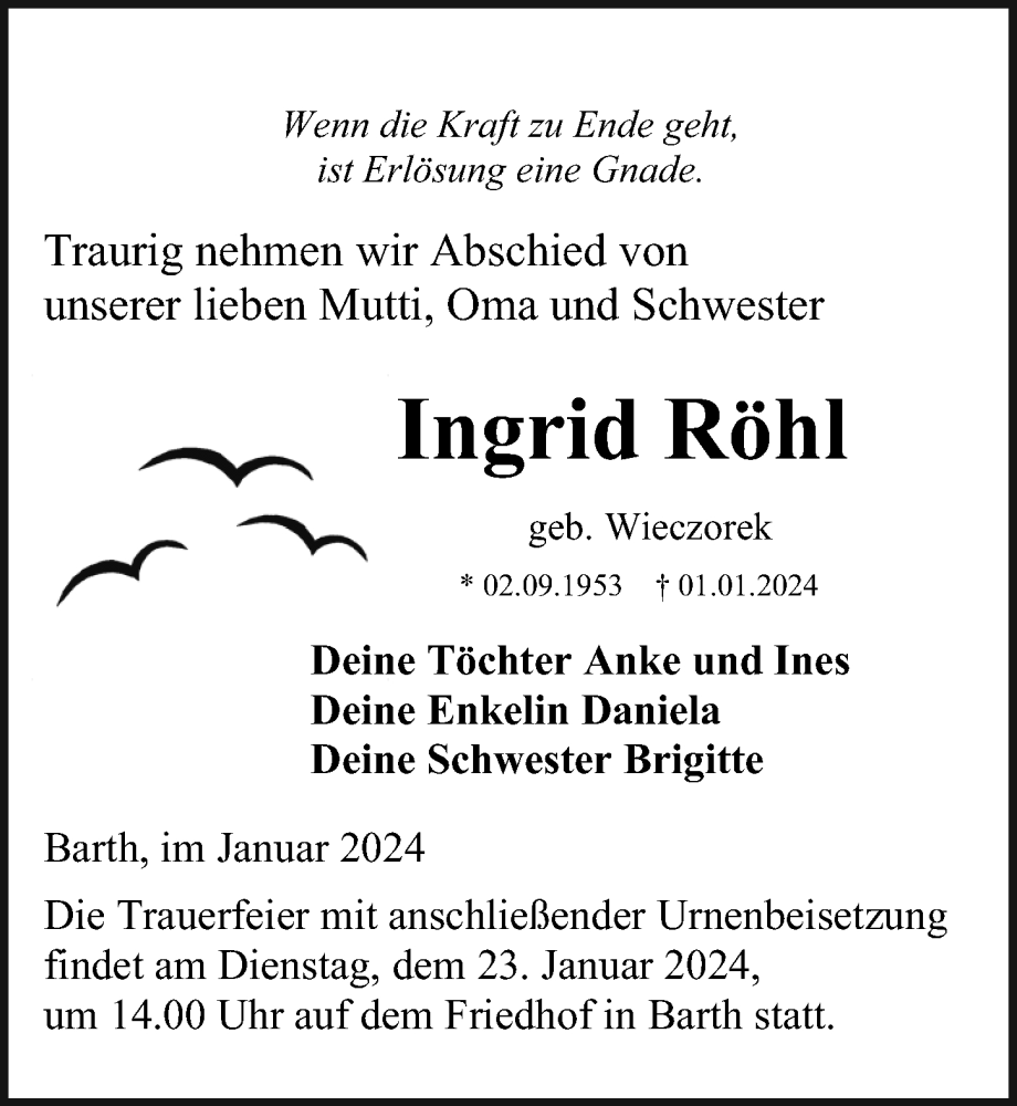 Traueranzeigen von Ingrid Röhl | trauer-anzeigen.de