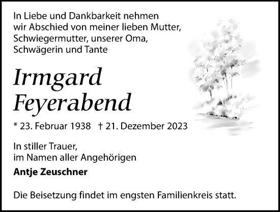 Traueranzeige von Irmgard Feyerabend von Märkischen Allgemeine Zeitung