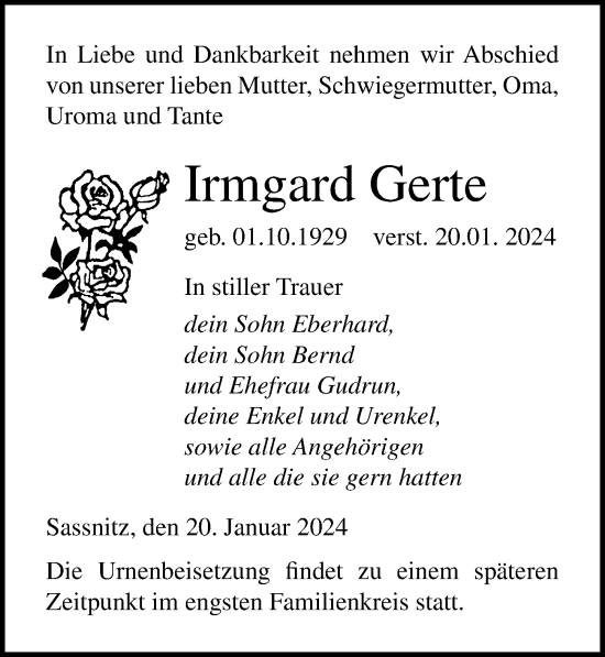 Traueranzeige von Irmgard Gerte von Ostsee-Zeitung GmbH
