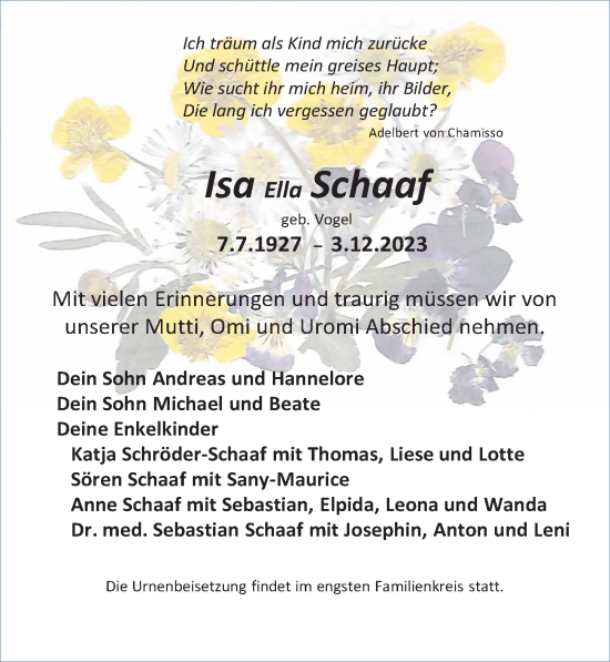 Traueranzeige von Isa Ella Schaaf von Leipziger Volkszeitung
