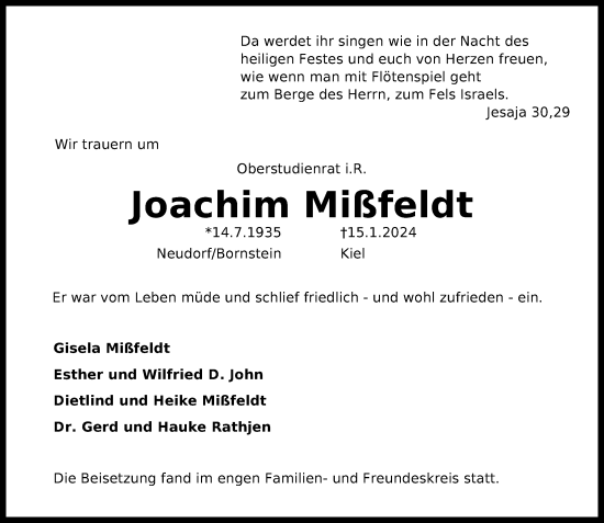 Traueranzeige von Joachim Mißfeldt von Kieler Nachrichten