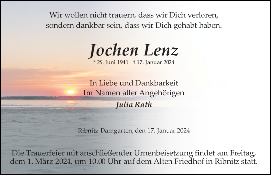 Traueranzeige von Jochen Lenz von Ostsee-Zeitung GmbH