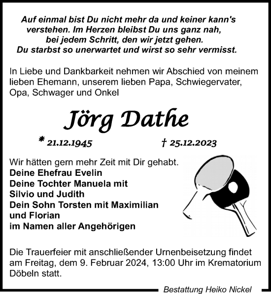Traueranzeige von Jörg Dathe von Leipziger Volkszeitung