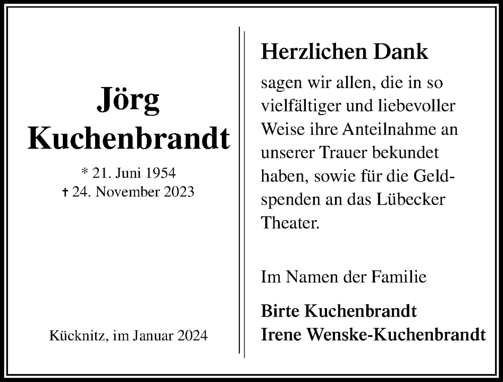  Traueranzeige für Jörg Kuchenbrandt vom 21.01.2024 aus Lübecker Nachrichten
