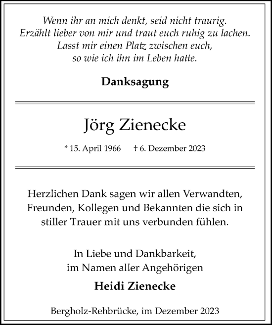 Traueranzeige von Jörg Zienecke von Märkischen Allgemeine Zeitung