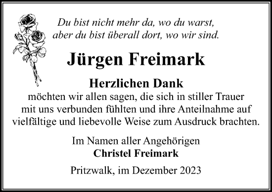 Traueranzeige von Jürgen Freimark von Wochenspiegel