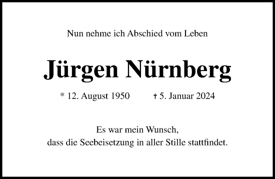 Traueranzeige von Jürgen Nürnberg von Lübecker Nachrichten