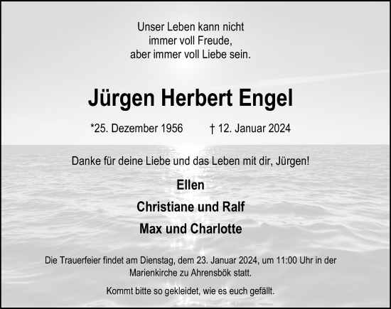 Traueranzeige von Jürgen Herbert Engel von Lübecker Nachrichten