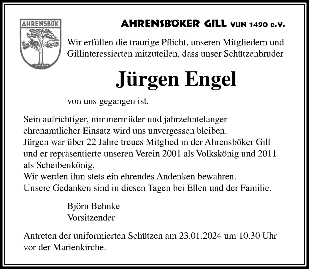  Traueranzeige für Jürgen Herbert Engel vom 19.01.2024 aus Lübecker Nachrichten