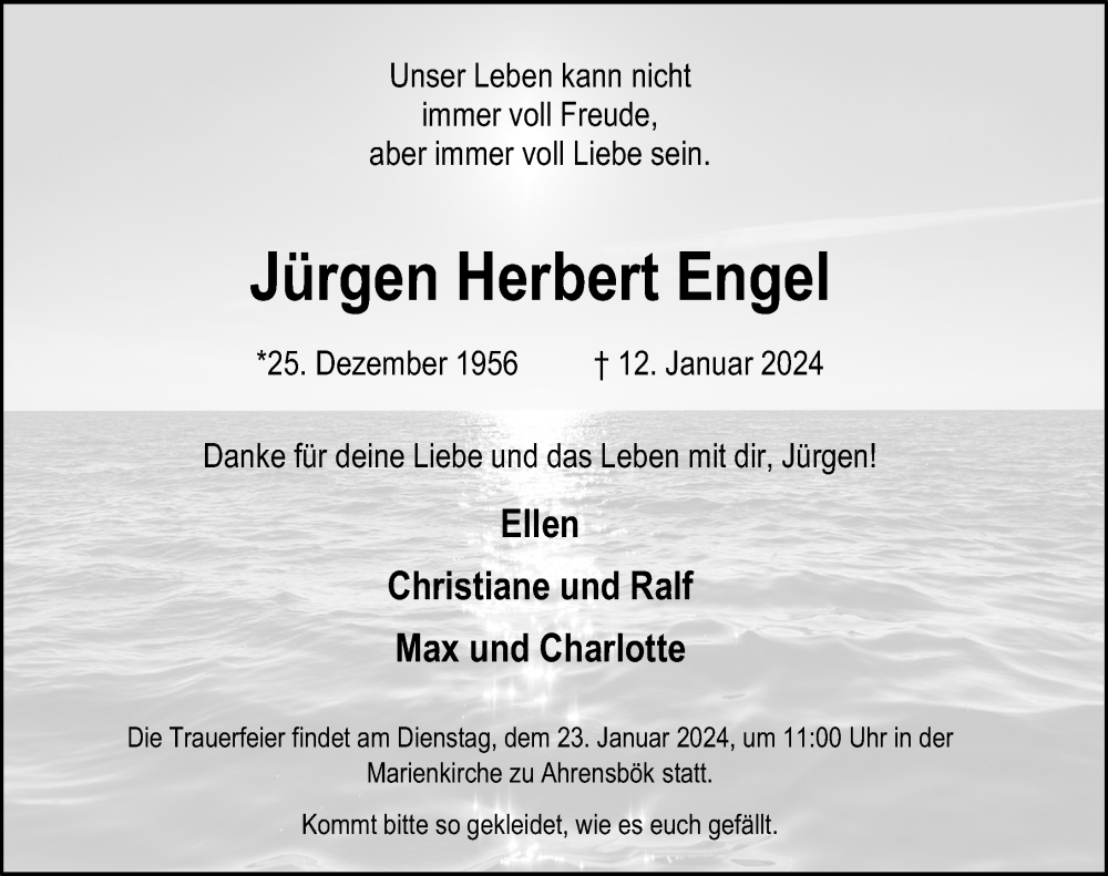  Traueranzeige für Jürgen Herbert Engel vom 19.01.2024 aus Lübecker Nachrichten