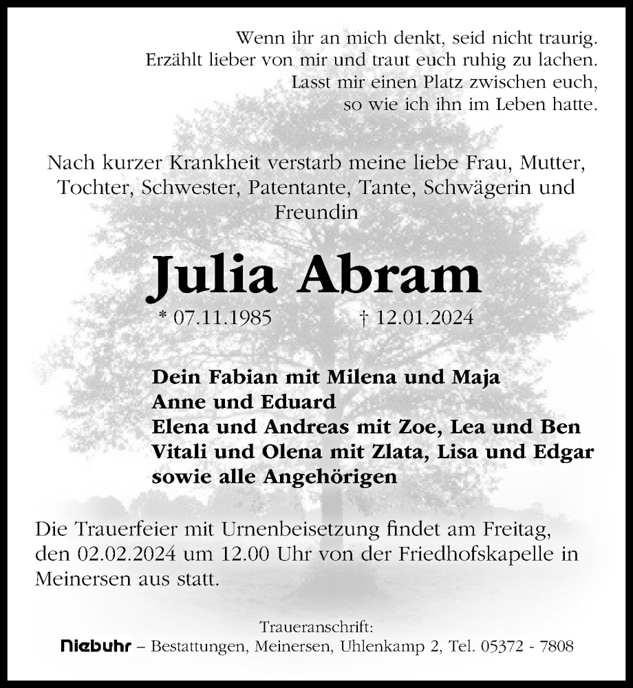  Traueranzeige für Julia Abram vom 30.01.2024 aus Aller Zeitung