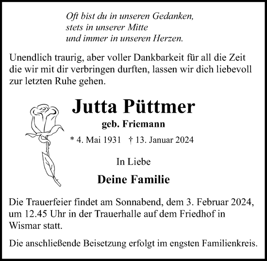 Traueranzeige von Jutta Püttmer von Ostsee-Zeitung GmbH