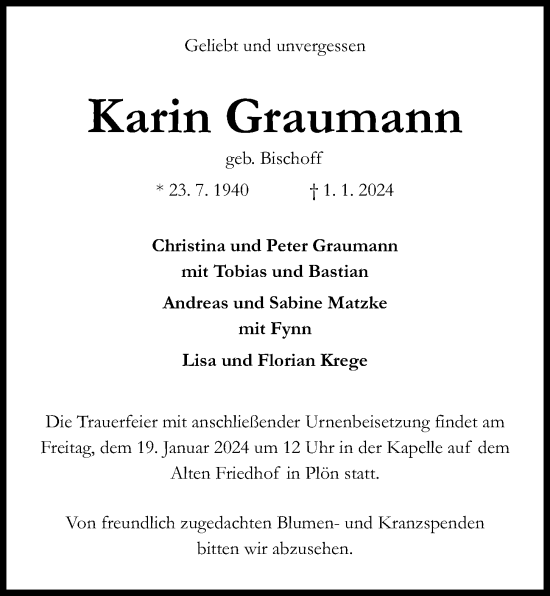 Traueranzeige von Karin Graumann von Kieler Nachrichten