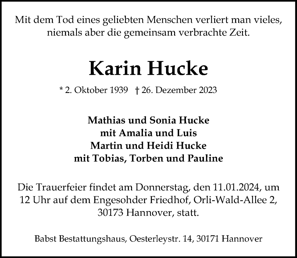  Traueranzeige für Karin Hucke vom 06.01.2024 aus Hannoversche Allgemeine Zeitung/Neue Presse