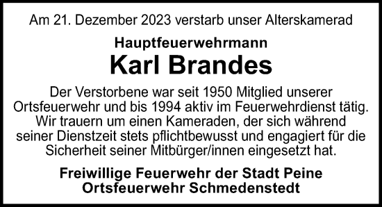 Traueranzeige von Karl Brandes von Peiner Allgemeine Zeitung