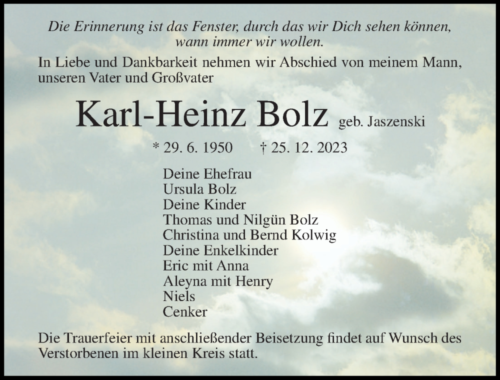 Traueranzeigen Von Karl-Heinz Bolz | Trauer-anzeigen.de