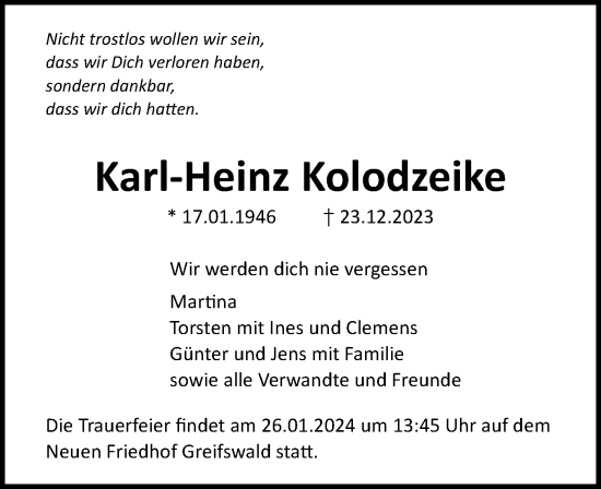 Traueranzeige von Karl-Heinz Kolodzeike von Ostsee-Zeitung GmbH