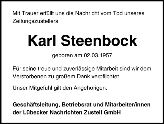 Traueranzeige von Karl Steenbock von Lübecker Nachrichten